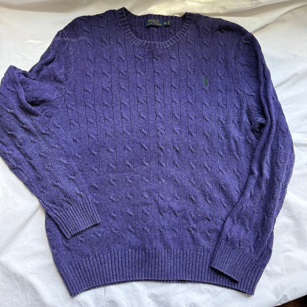 Vintage Polo Ralph Lauren Cable Knit Tussah Silk Sweater XL Purple Green Pony